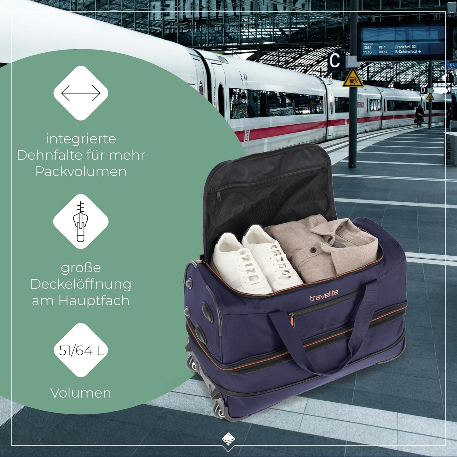Detalle 2 de Travelite Trolley Reisetasche Basics mittelgroß mit Rollen, 51–64 l, 55 cm, Blau