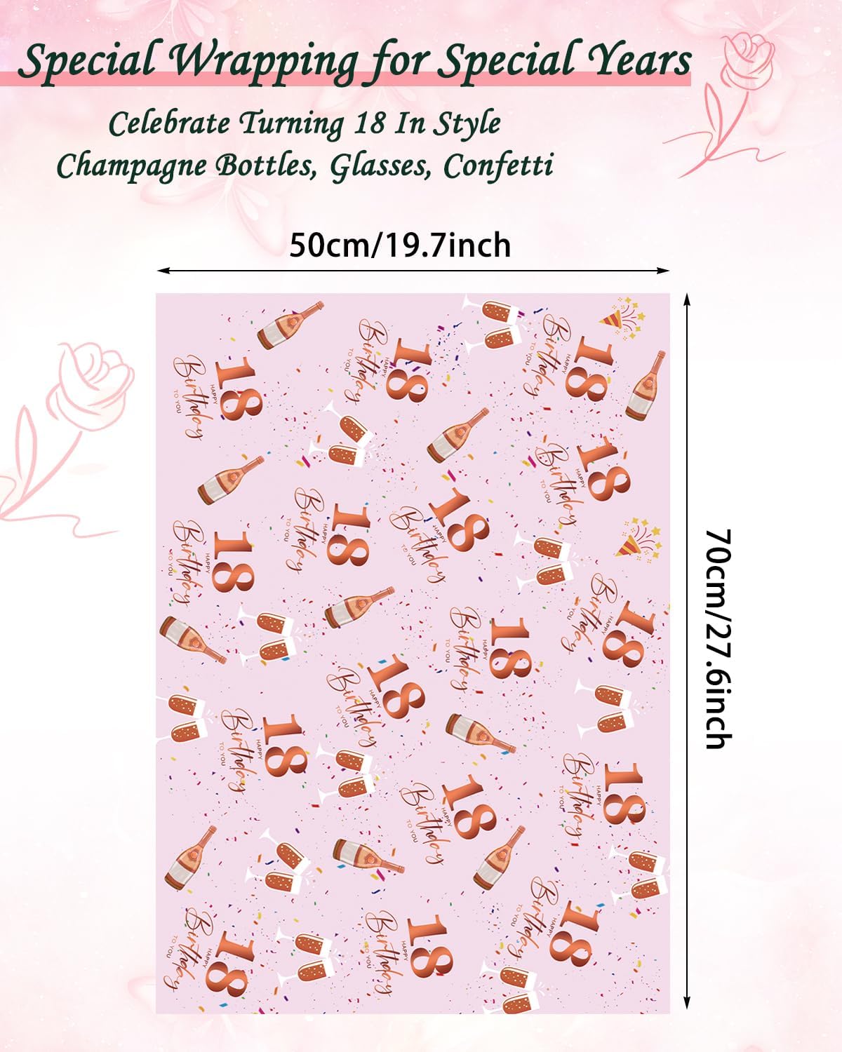 Thumbnail 1 de Vinuwu 6 Sheets 18th Birthday Wrapping Paper – Rose Gold Pink, 70x50cm