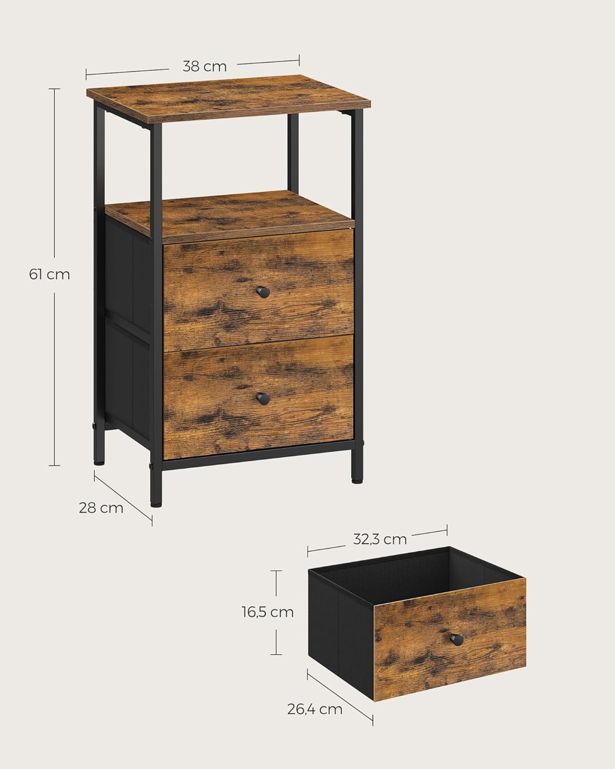 Detalle de VASAGLE Set di 2 Comodini, Tavolino con 2 Cassetti in Tessuto – Marrone Vintage/Nero Opaco, LGS225K01