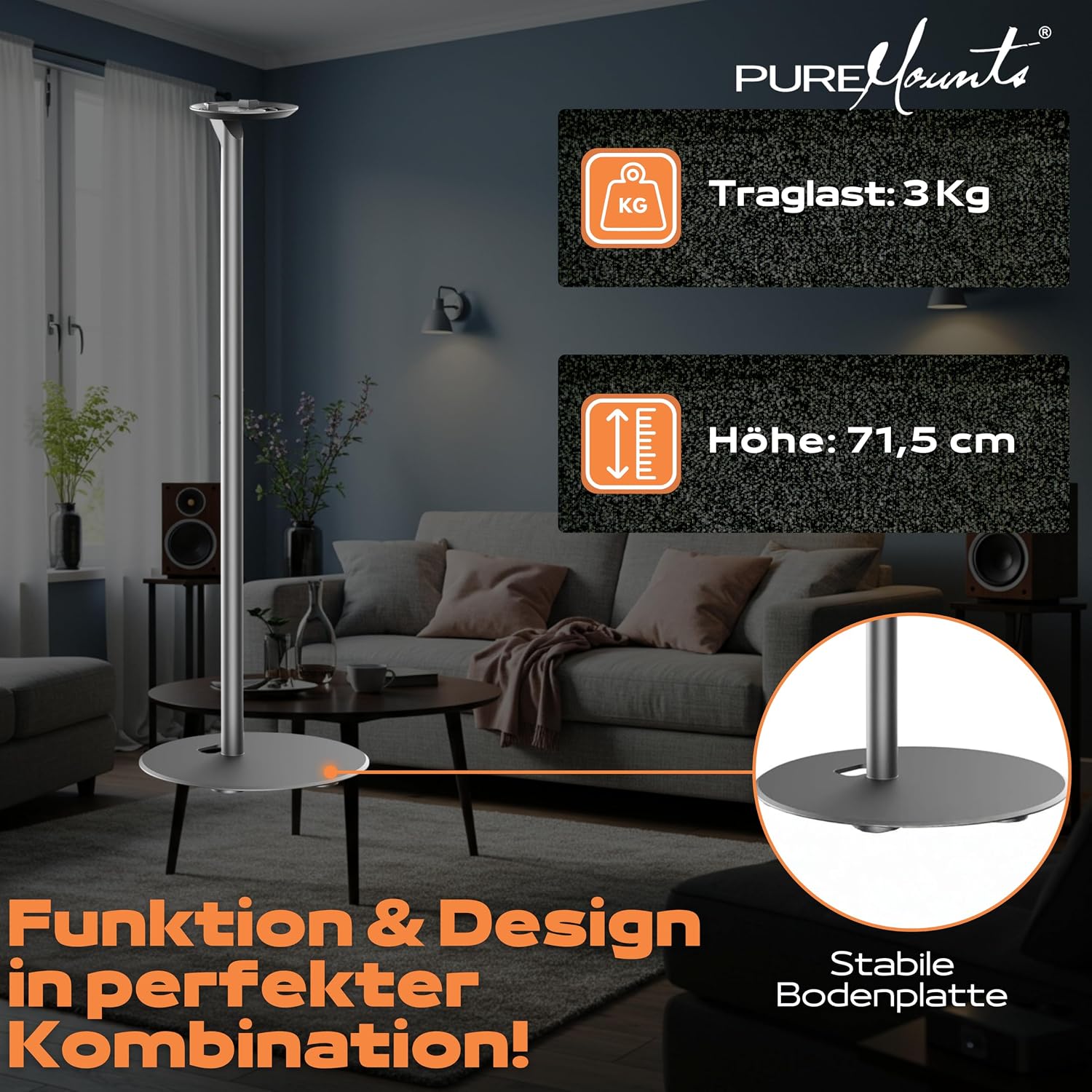 Detalle de PureMounts SOM-170 – stojak do Sonos Era 100 ze stalową konstrukcją i prowadzeniem kabli