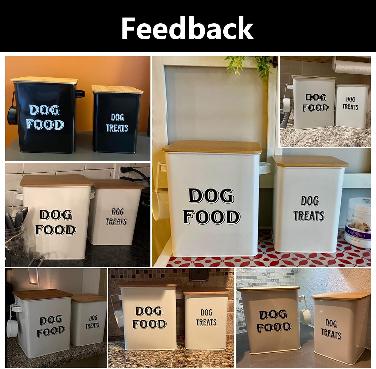 Detalle 2 de Pet Food and Treats Containers Set with Scoop – Beige Powder-Coated Carbon Steel Tins, Tight-Fitting Wood Lids