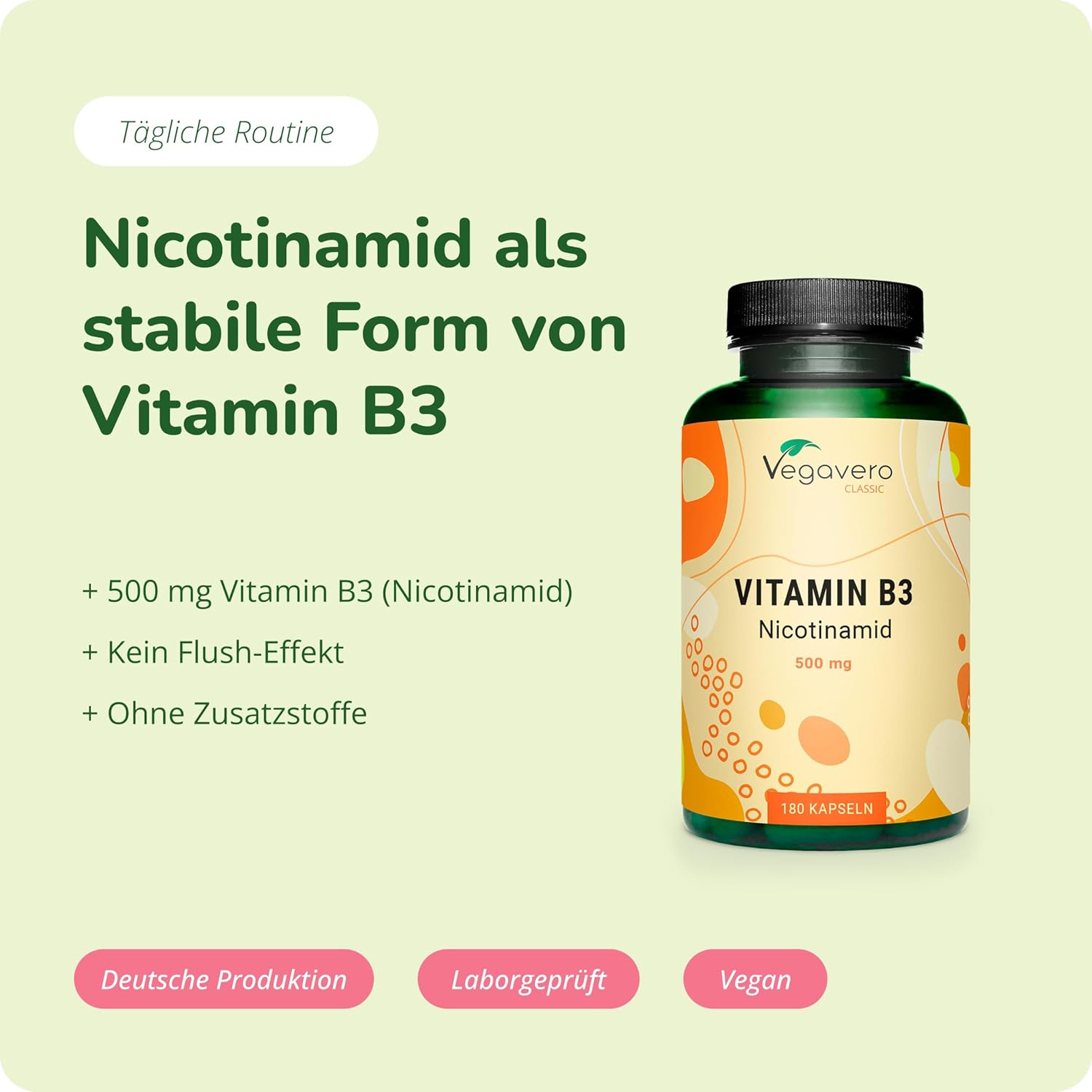 Thumbnail 1 de Vitamin B3 Niacin (Nicotinamid) 500 mg, flushfree – 180 Kapseln (6-Monatsvorrat) von Vegavero