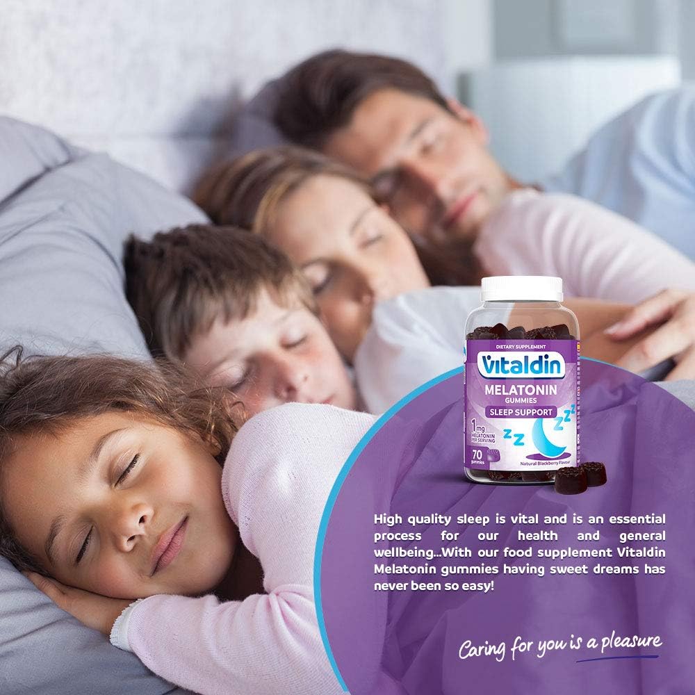 Detalle 2 de VITALDIN Mélatonine Gummies – 70 gommes (1 mg par dose) au goût mûre, sans gluten