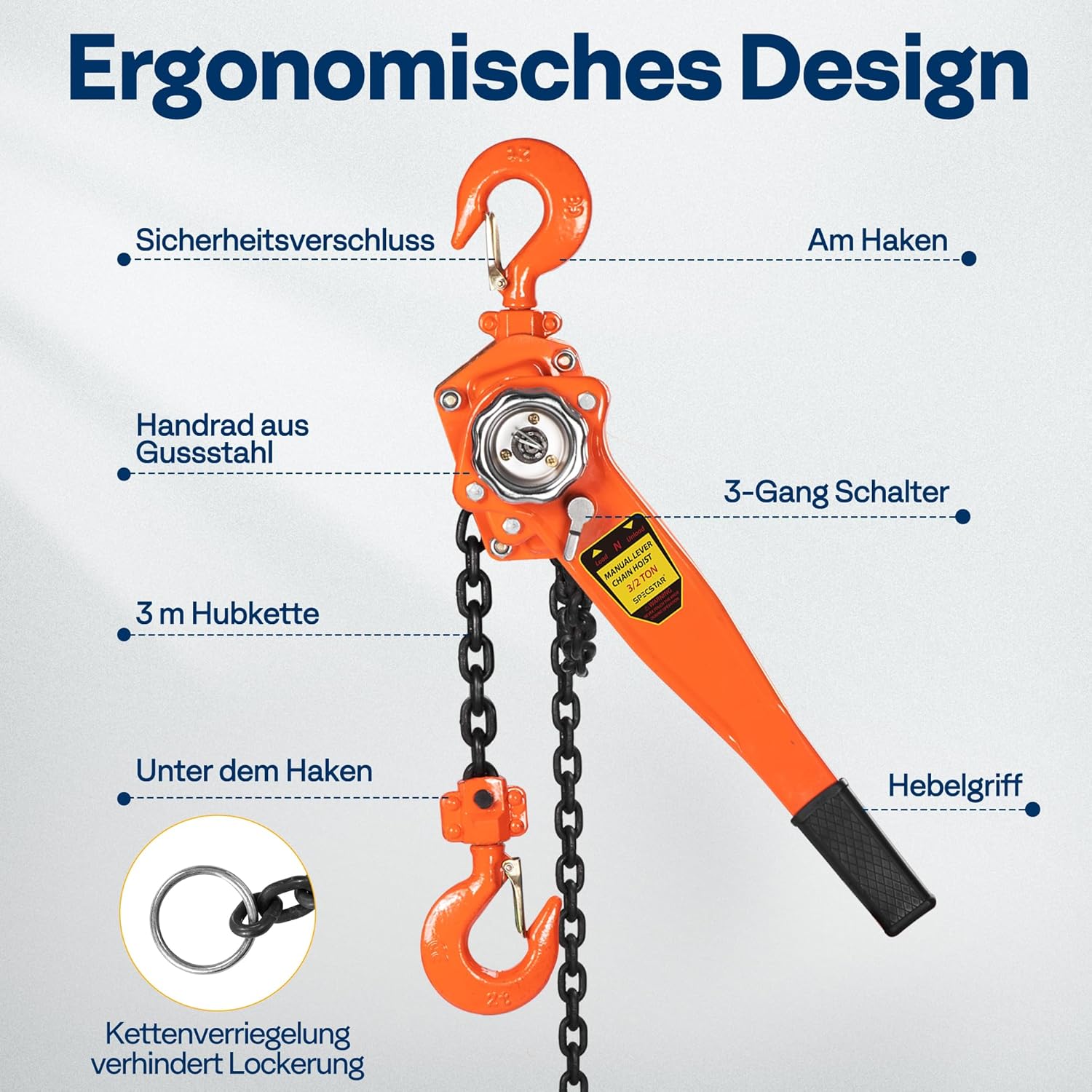 Detalle 2 de SPECSTAR Hebelzug 1500 kg – Manueller Kettenzug mit 360° drehbarem Haken, G80 Kette, 3 m Hubhöhe