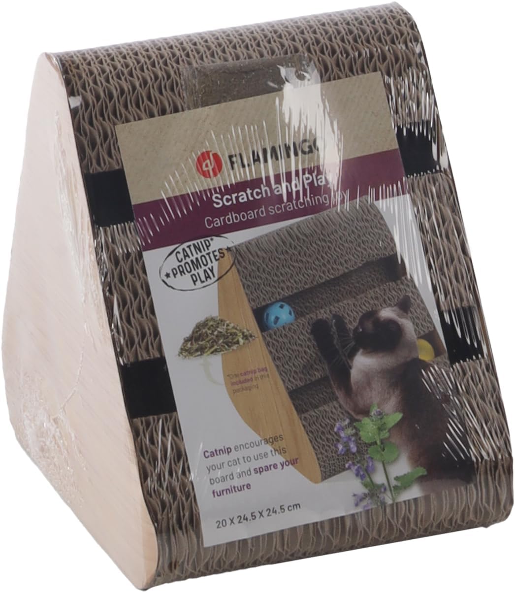 Thumbnail 1 de Katzenspielzeug Kratzspielzeug Beli Dreieck braun (20 x 24,5 x 24,5 cm) mit Katzenminze und 2 Glöckchenbällen – recycelbarer Karton