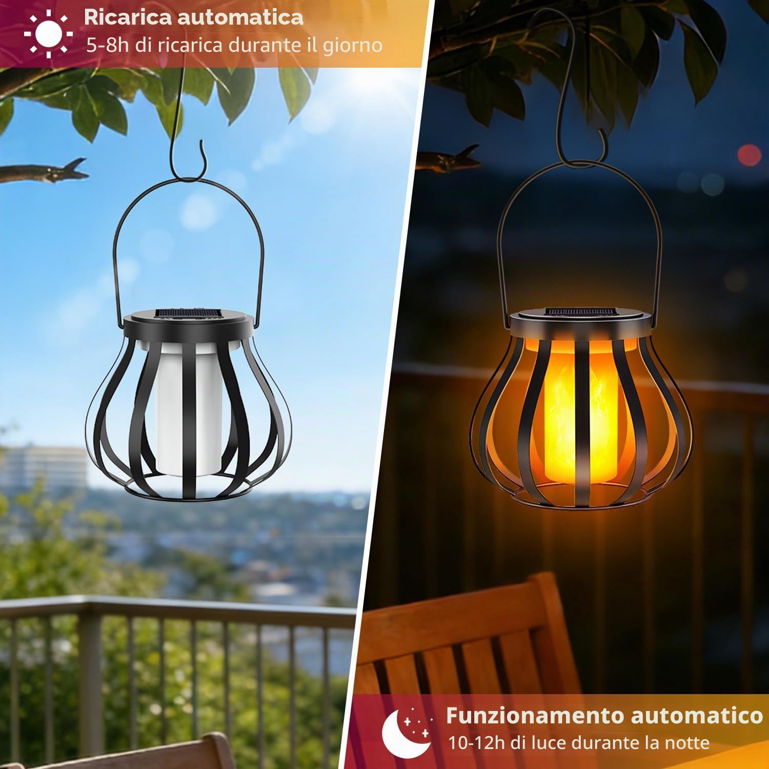 Detalle de 2 lanterne solari con effetto fiamma reale per esterni IP65 – senza gancio e base