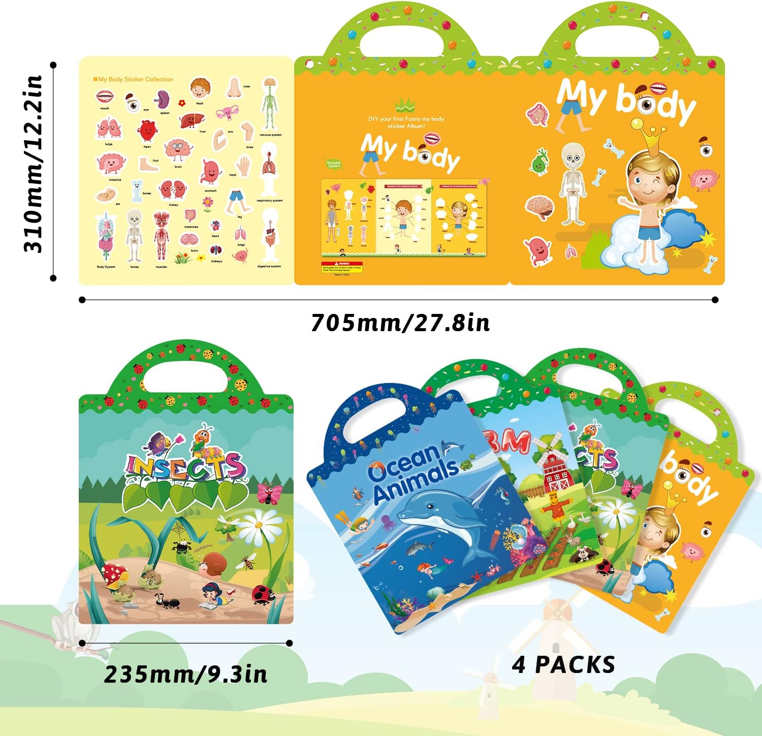Detalle de GUYUCOM 4 Pack Reusable Sticker Books for Early Learning (Farm, Ocean, Insects, Body) – A UK Kid-Safe DIY Educational Toy