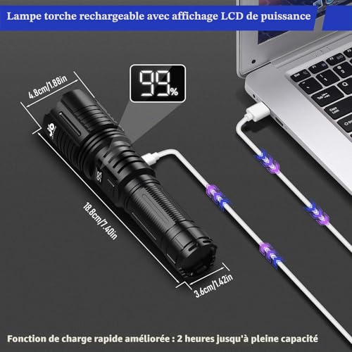 Detalle de Lampe Torche LED Ultra Puissante Jay-PARK F88: 1 000 000 lm, IP67, 5000 mAh