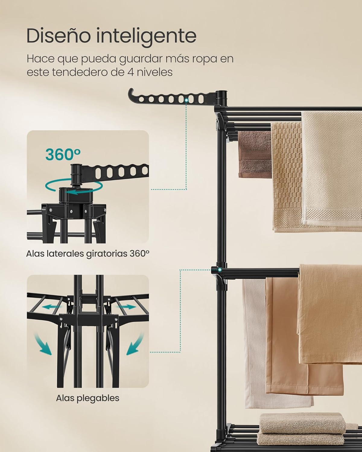Detalle de SONGMICS Tendedero Plegable de 4 Niveles con Ruedas y Alas Plegables LLR701B01