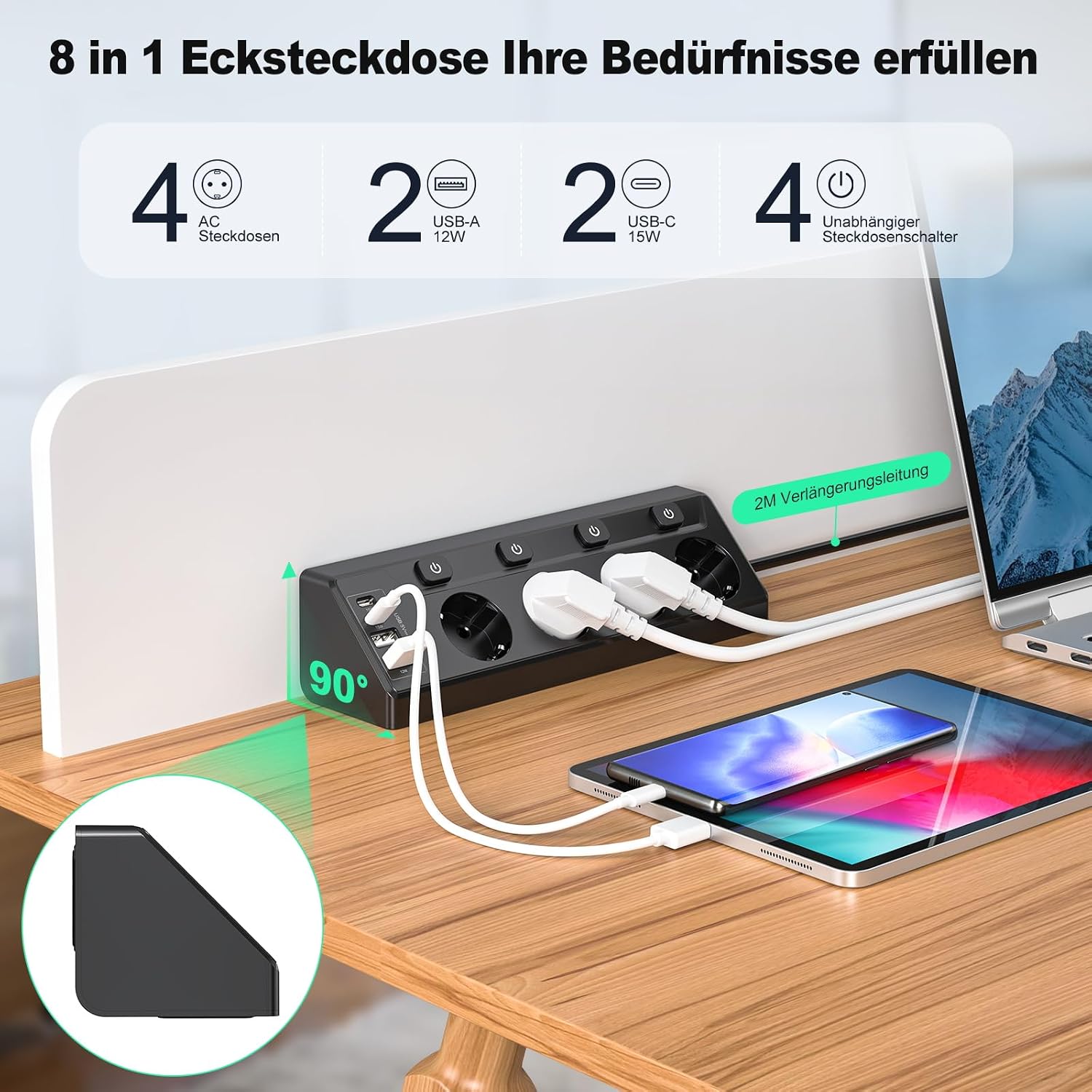 Detalle 2 de HITRENDS Hoekstopcontact-Zwart: stekkerdoos met 4 stopcontacten en 4 USB-poorten