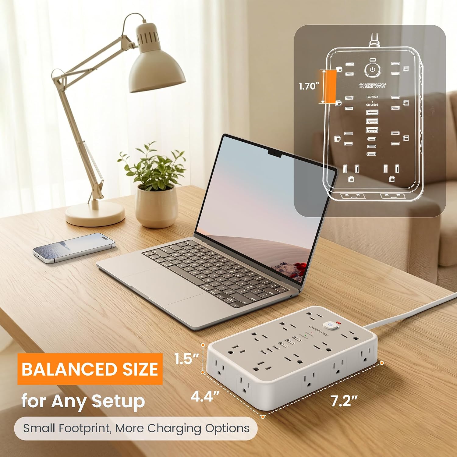 Detalle de Surge Protector Power Strip with 6 USB Ports and 16 Outlets — 6ft Flat Plug, 2400J