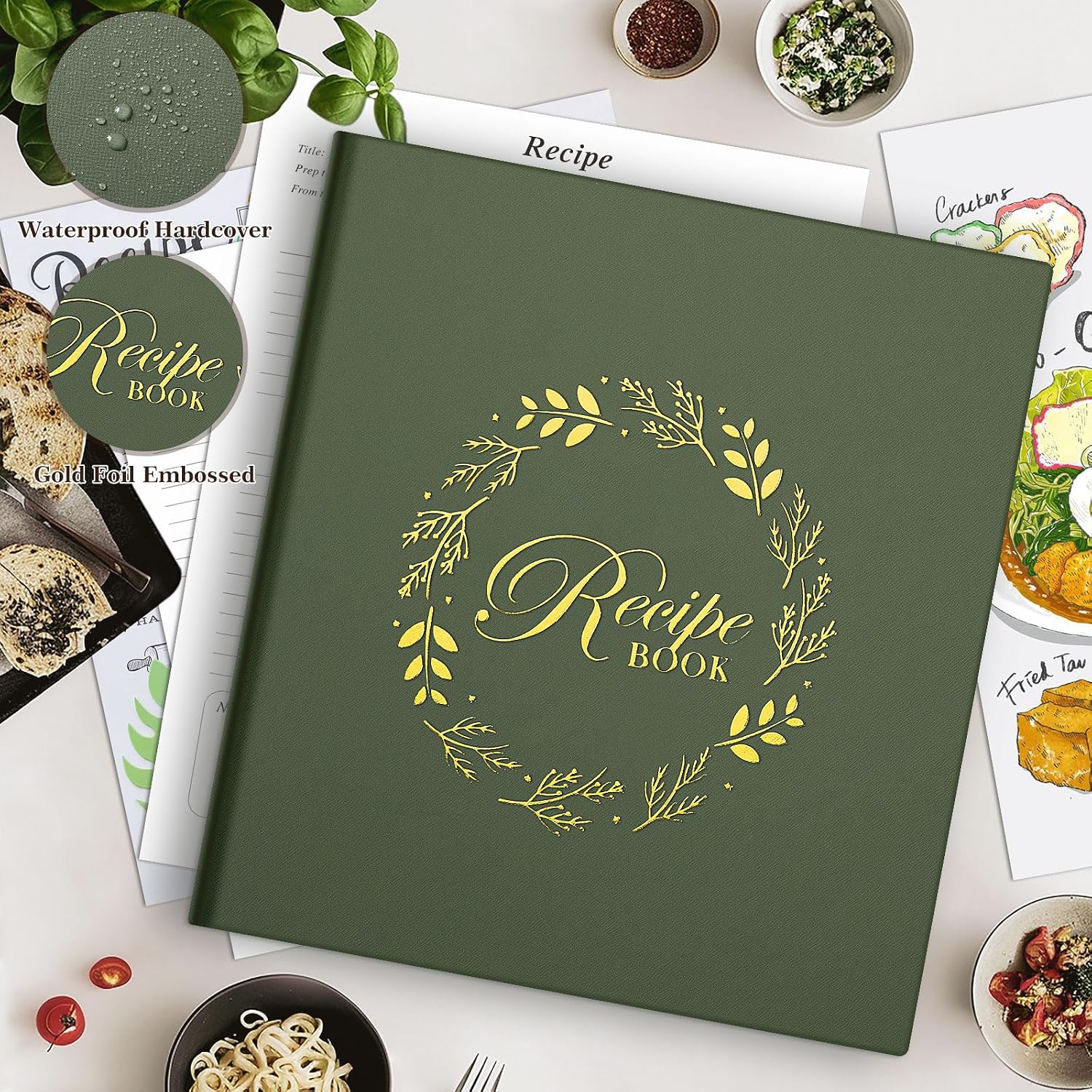 Detalle de Lanpn Recipe Binder 8.5x11 3 Ring Kit – Waterproof, Write-Your-Own Recipes with 60 Plastic Sleeves