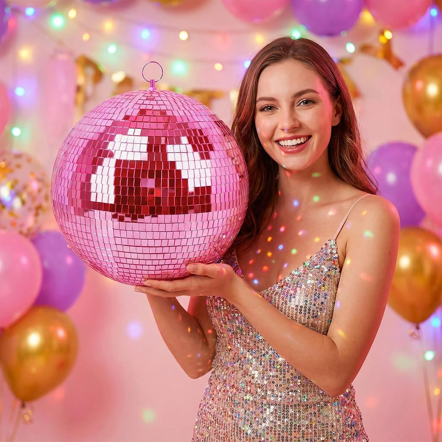 Detalle 2 de Muscab 12-Inch Pink Disco Ball with Hanging Ring, 95% Glass Mirror