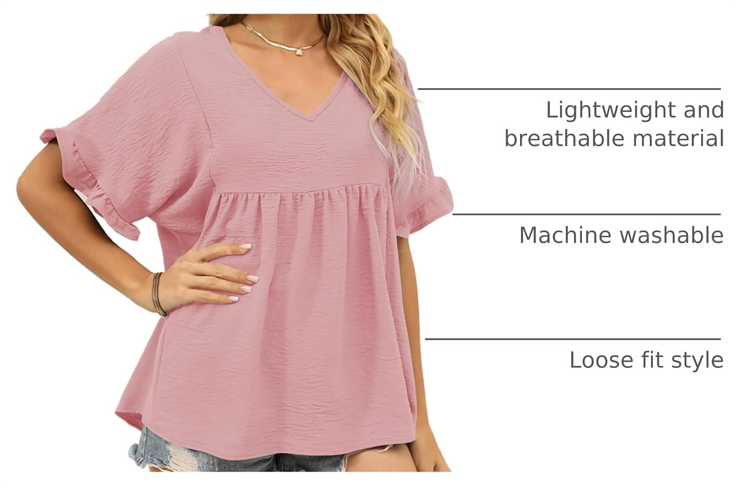 Detalle 2 de WIHOLL Women’s V-Neck Ruffle Sleeve Babydoll Peplum Top (Casual Loose Fit)