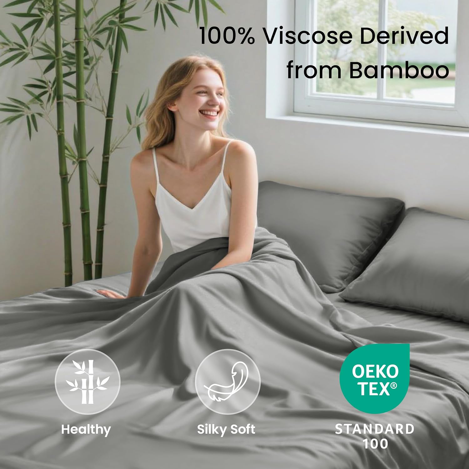 Detalle de Love's cabin 4 Piece Queen Sheet Set - 100% Rayon Derived from Bamboo, Cooling & Breathable, Deep Pocket Up to 16", Grey