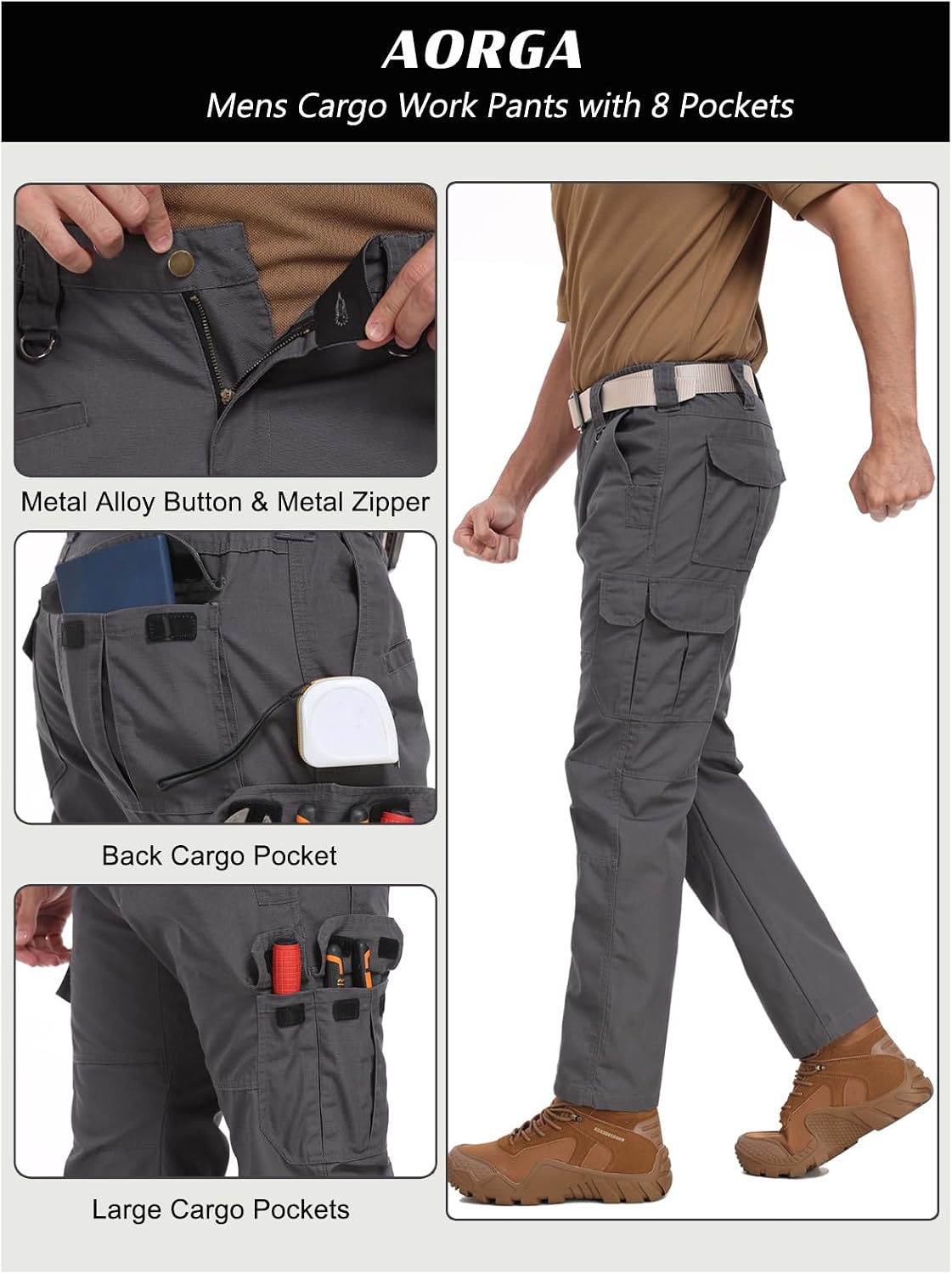 Detalle de Mens Work Pants: Water Resistant Elastic Waist Cargo Tactical Pants with 8 Pockets
