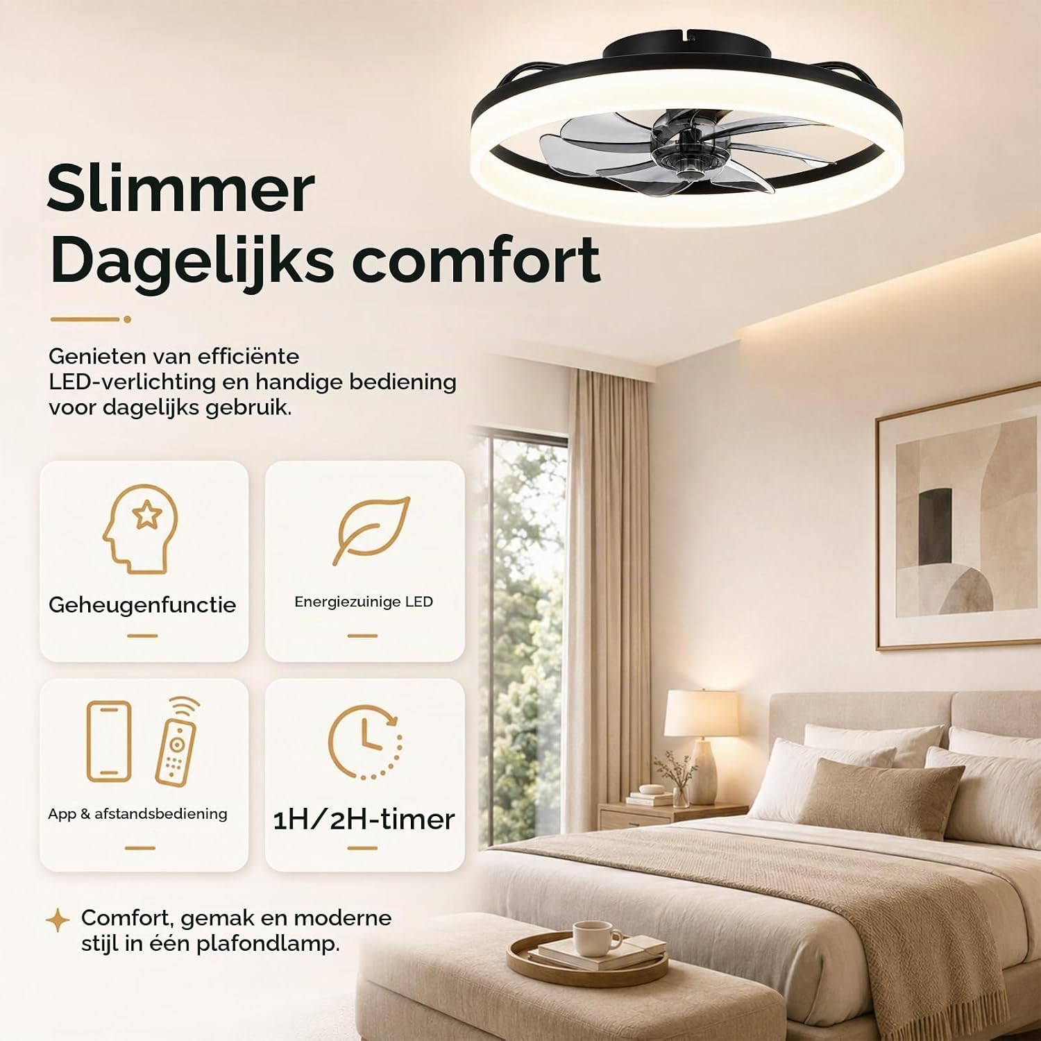Detalle 2 de MOSSCO plafondventilator 50 cm met dimbare led, 6 snelheden en afstandsbediening