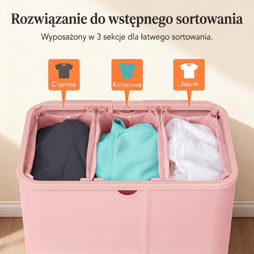 Detalle de Lifewit 24598 – składany kosz na pranie 185 l, 3 komory, pokrywa, różowy