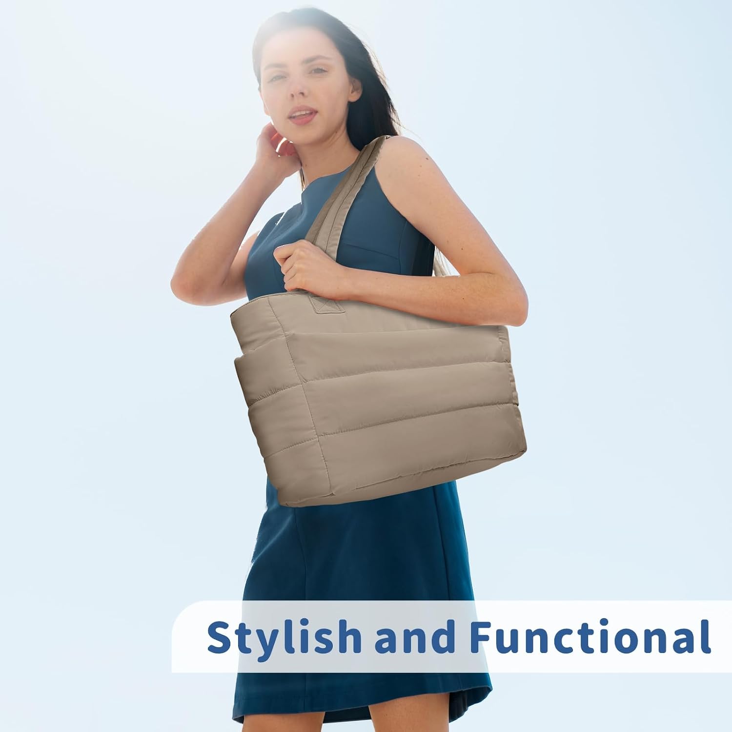 Detalle de TOPDesign Puffer Tote Bag for Women: Lightweight Quilted Work & Travel Shoulder Bag with Compartments
