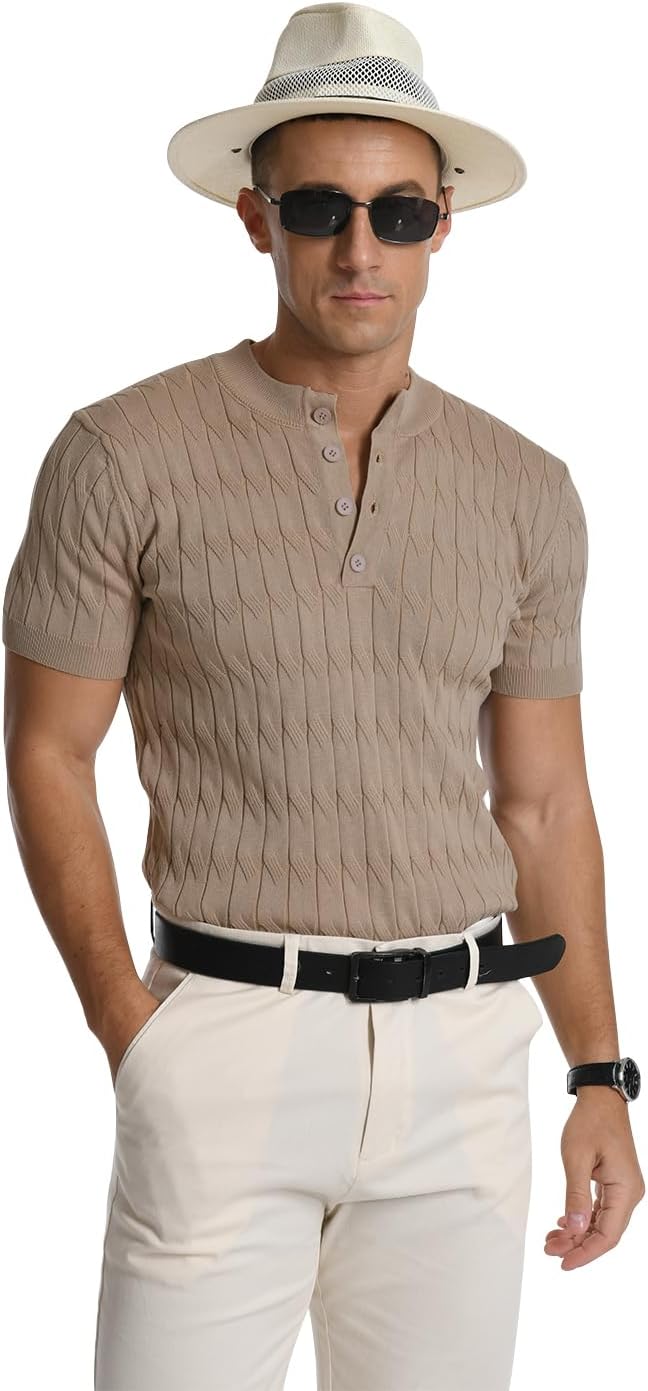 Detalle 1 de MLANM Men’s Knitted Henley T-Shirt (Short Sleeve, Slim Fit) – Lightweight summer polo style