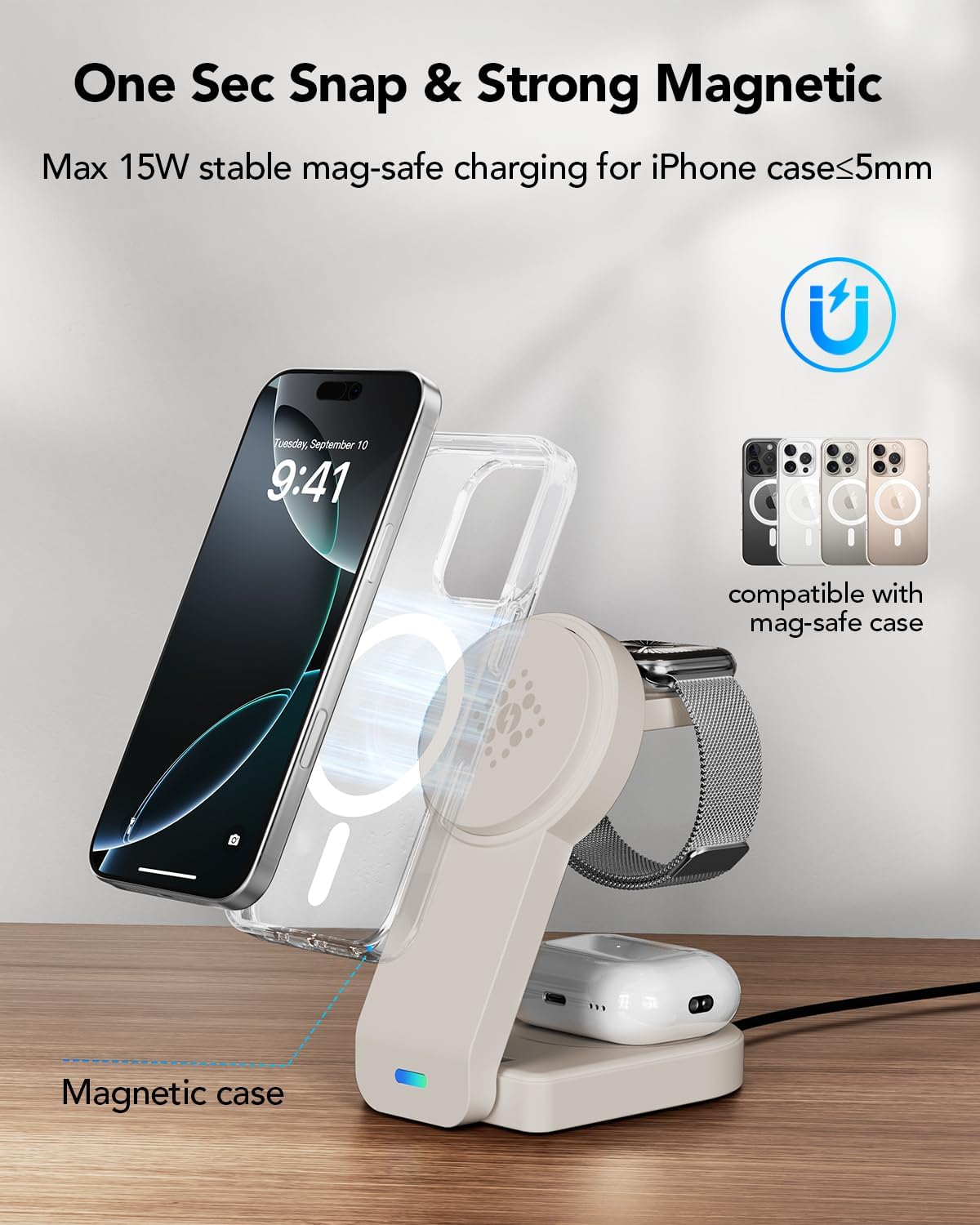 Detalle de GLILAVOX Magnetic Foldable 3-in-1 Wireless Charger for Apple: Compact, Travel-Friendly MagSafe Kitchen-Sinker