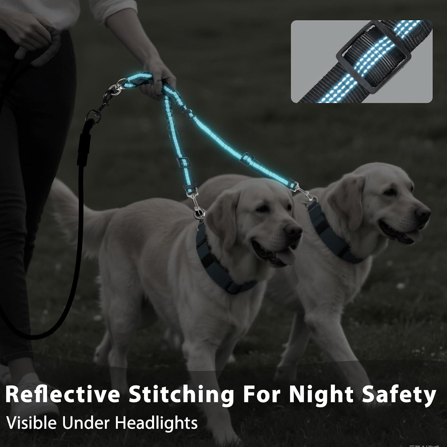 Detalle de Double Dog Lead for 2 Dogs (No Tangle) with 360° Swivel, Reflective & Shock-Absorbing Bungee Handle – Black