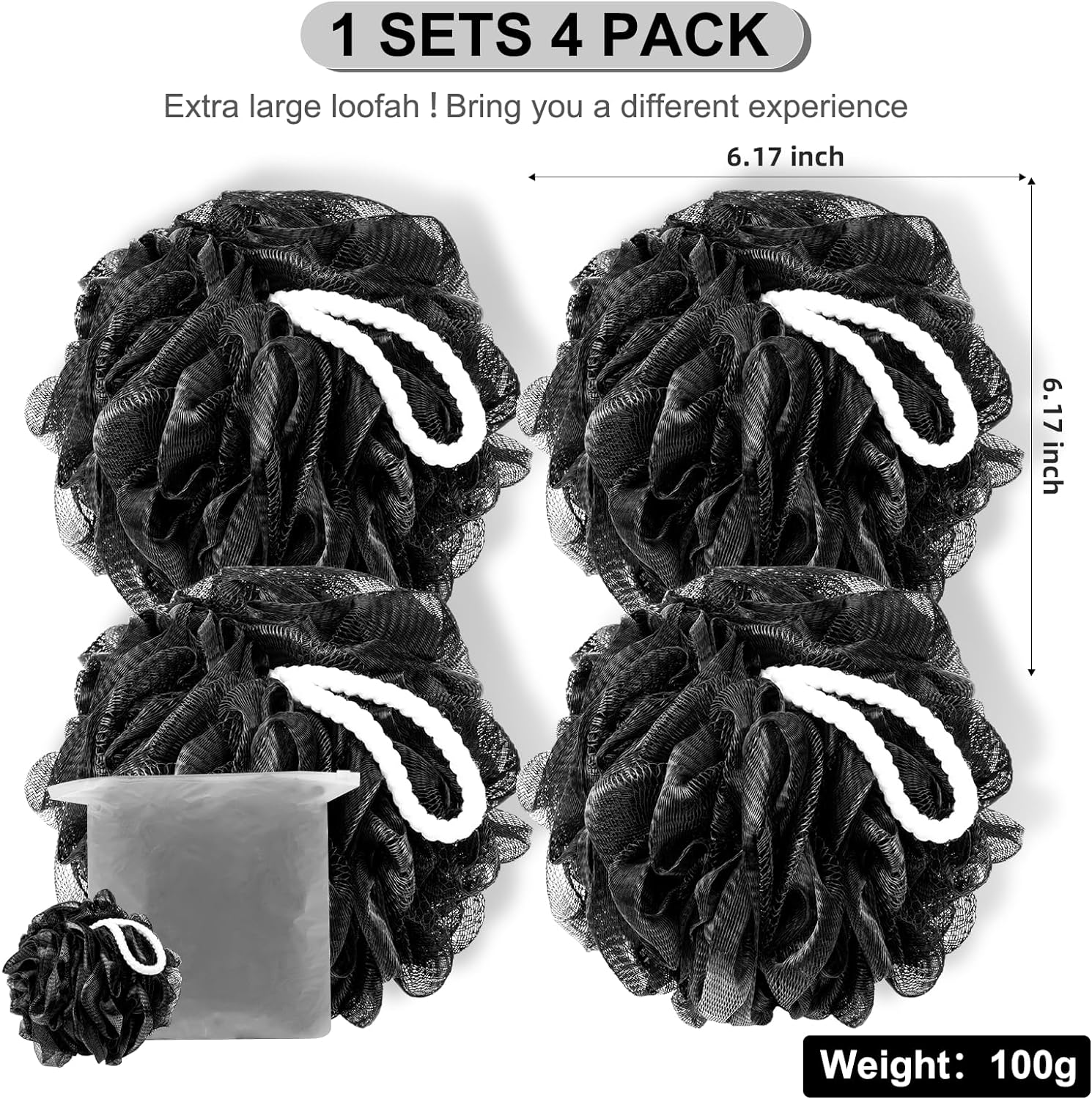 Detalle de MTDLYICE XXL Loofah Sponge XXL-100g, Soft Mesh Shower Puff (Black) — 4-Pack