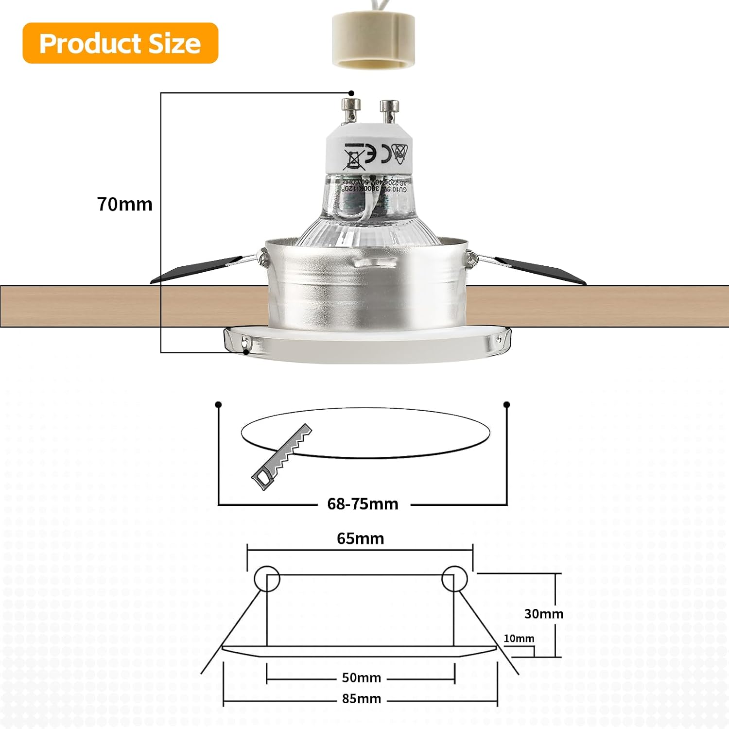 Detalle de GeyouLux 12er Set Einbaustrahler-Rahmen IP65 für GU10 (Eisen Nickel), Lochmaß 68 mm