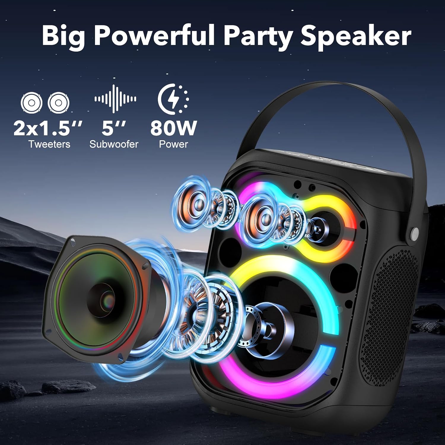 Thumbnail 1 de TYOTY Altoparlante Bluetooth portatile con luci LED e maniglia, 80W wireless TWS