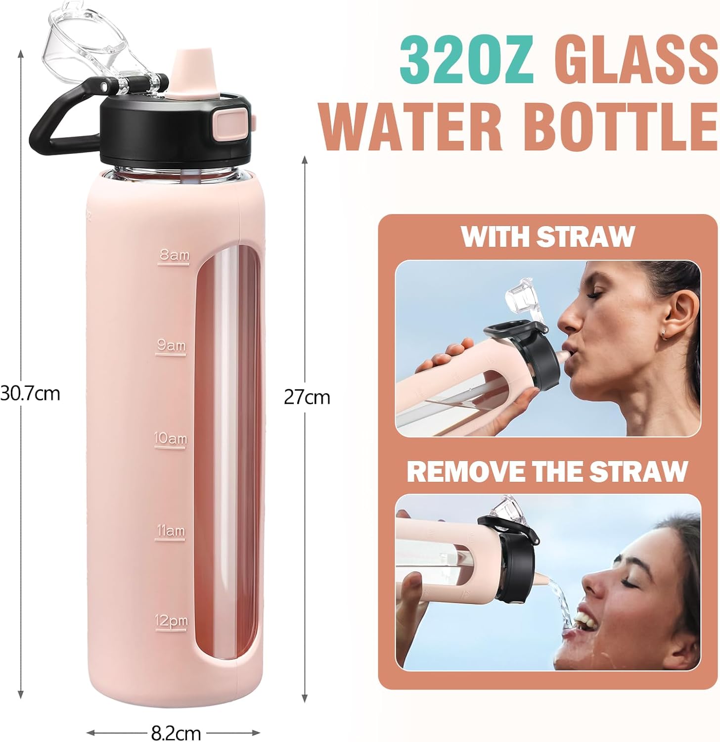 Detalle de BLUEGO 900ml Glass Water Bottle with Handle, Straw & Silicone Sleeve – Leak-Proof Hydration for Gym and Outdoors