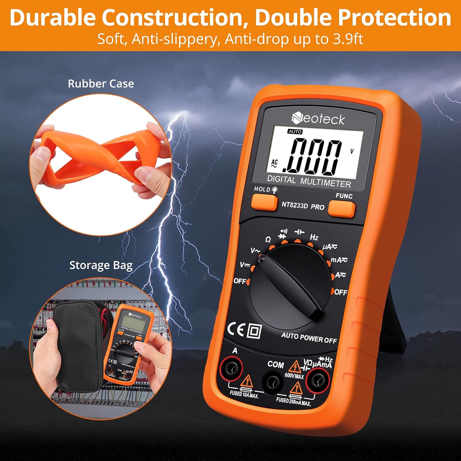 Detalle de Neoteck 8233D PRO Auto-Ranging Digital Multimeter, 2000 Count, Backlit LCD