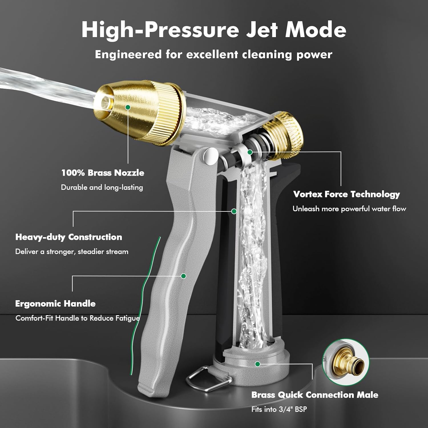 Thumbnail 1 de RESTMO High Pressure Hose Pipe Spray Gun (100% metal, solid brass head, 4 spray patterns) – Black
