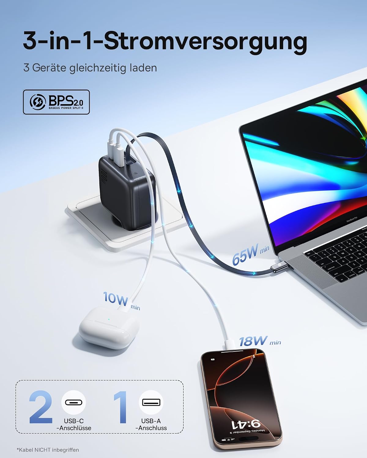 Detalle de Baseus Enercore USB-C 100W Ladegerät mit ausziehbarem Kabel und 3 Ports – GaN, kompakt und intelligentes Laden