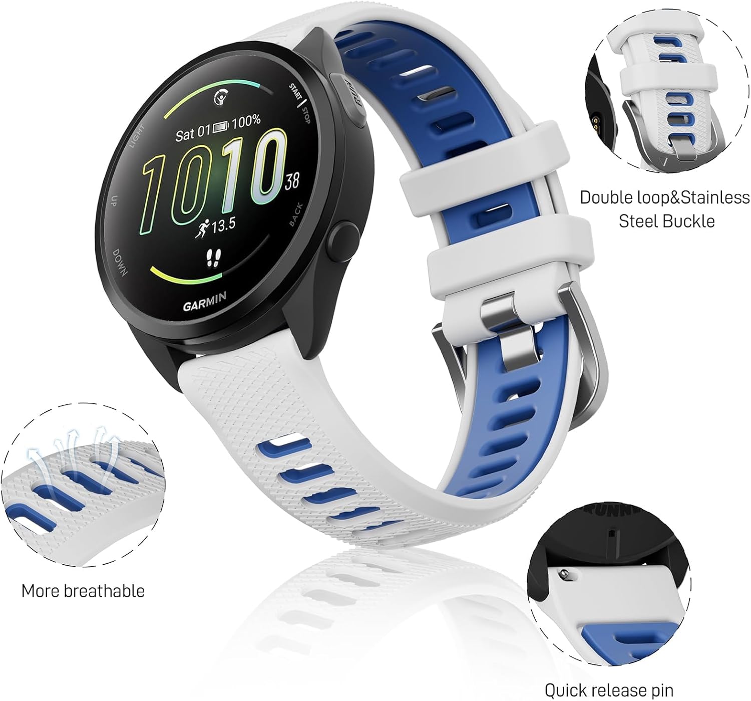 Thumbnail 2 de Wizvv 20mm Silicone Strap for Garmin Range (Vivoactive 5/6/3, Forerunner 55/165/245/645, Venu series, Fenix 7, and more) – Durable, quick-release, two-tone band