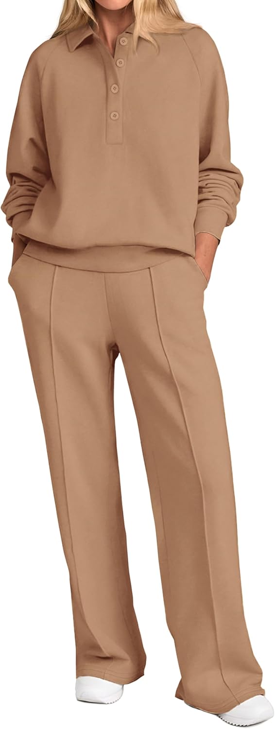 Detalle de PRETTYGARDEN Women Fall 2 Piece Outfits Sweatsuit (Quarter Button Long Sleeve Sweatshirt & Wide Leg Pants)