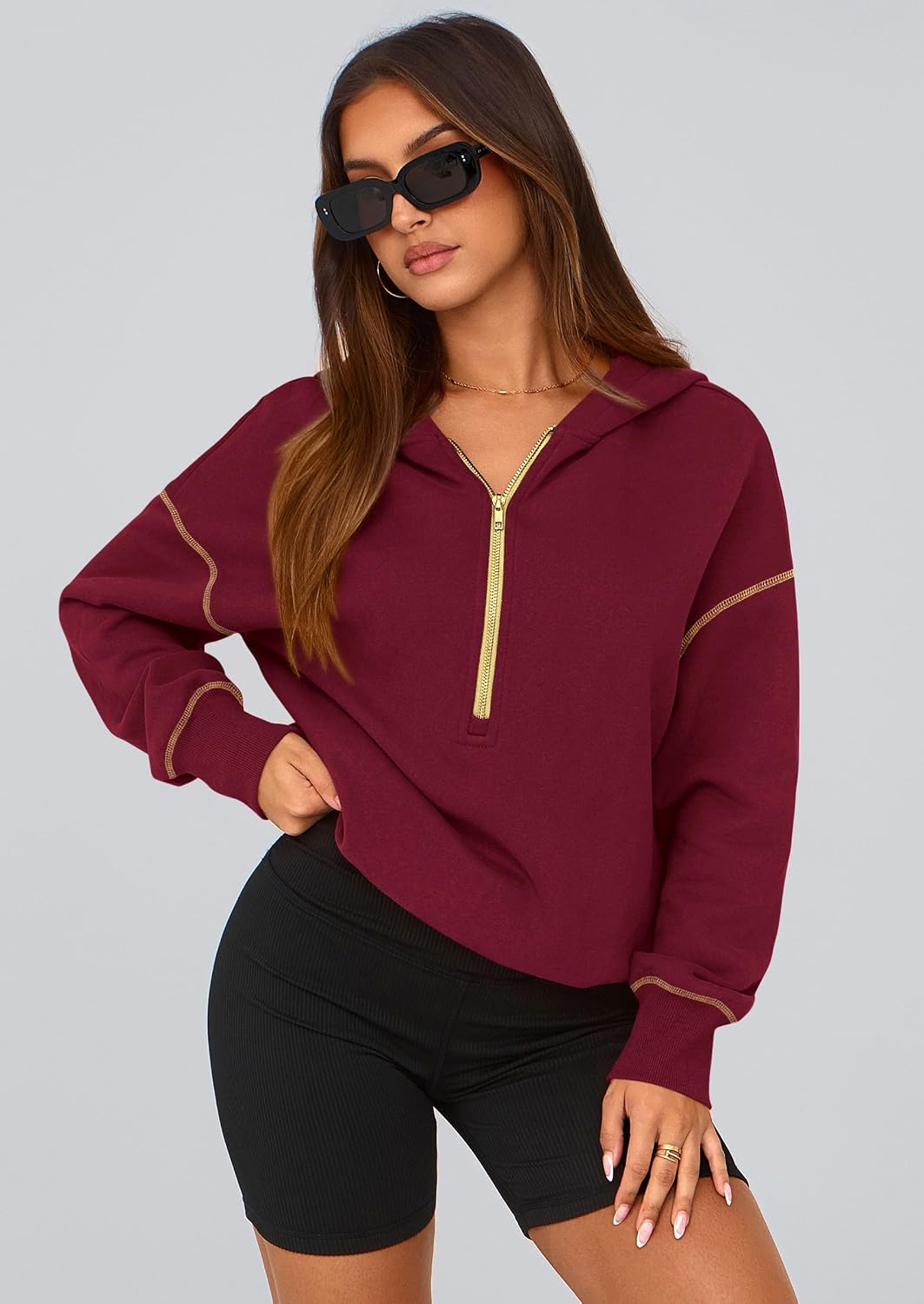 Detalle de PRETTYGARDEN Pr785 Cropped Hoodie, Half-Zip Fleece-Lined Pullover