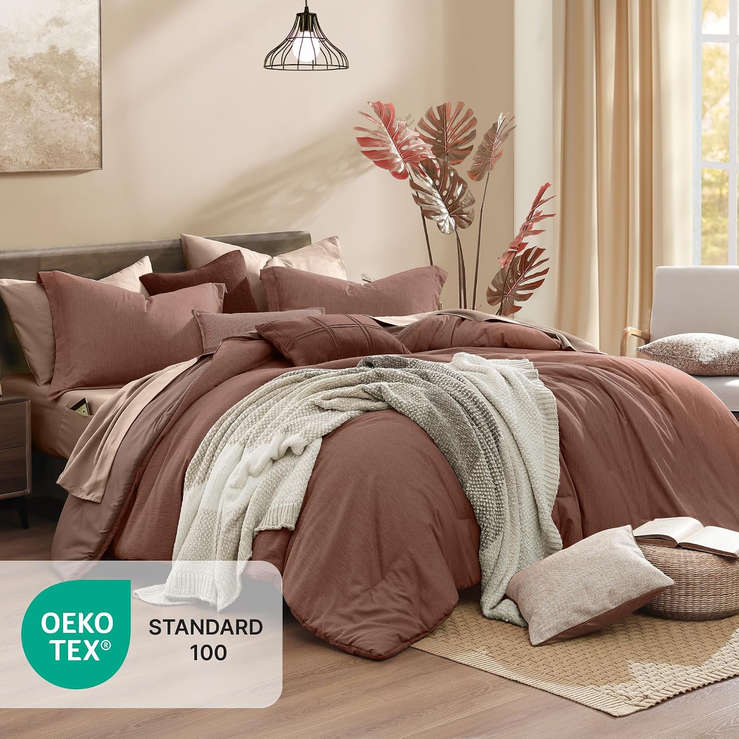 Thumbnail 4 de Monbix Full Comforter Set, 7 Pieces, Terracotta, Reversible All-Season Bedding