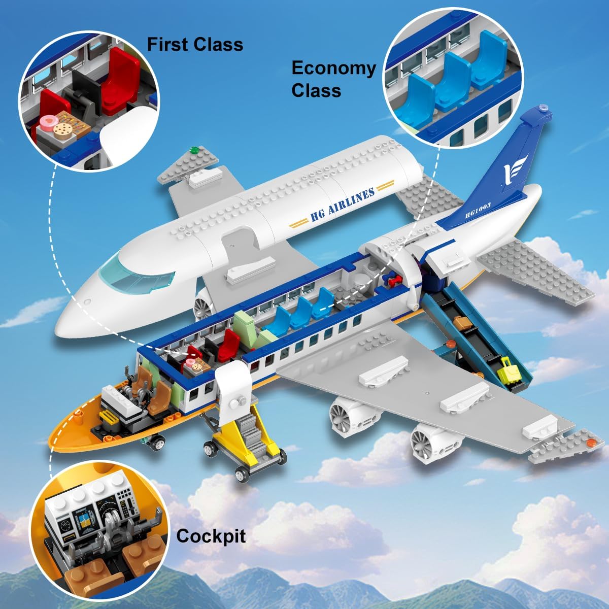 Detalle de CUBIMANA 901PCS Flughafen Bauspielzeug – Großes City Passagierflugzeug mit LED-Beleuchtung, Terminal, Turm und Gepäckwagen