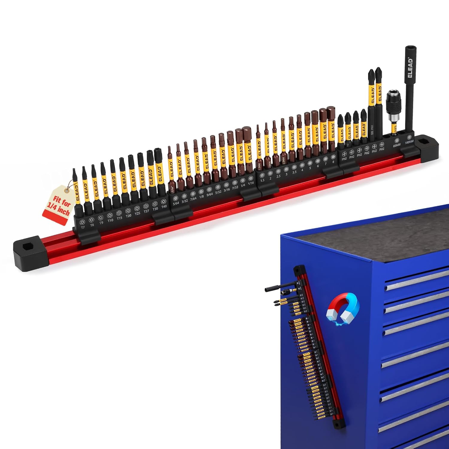 Detalle de ELEAD 70097 38-Piece Screwdriver Bit Set, S2 Steel, Magnetic Storage Rail