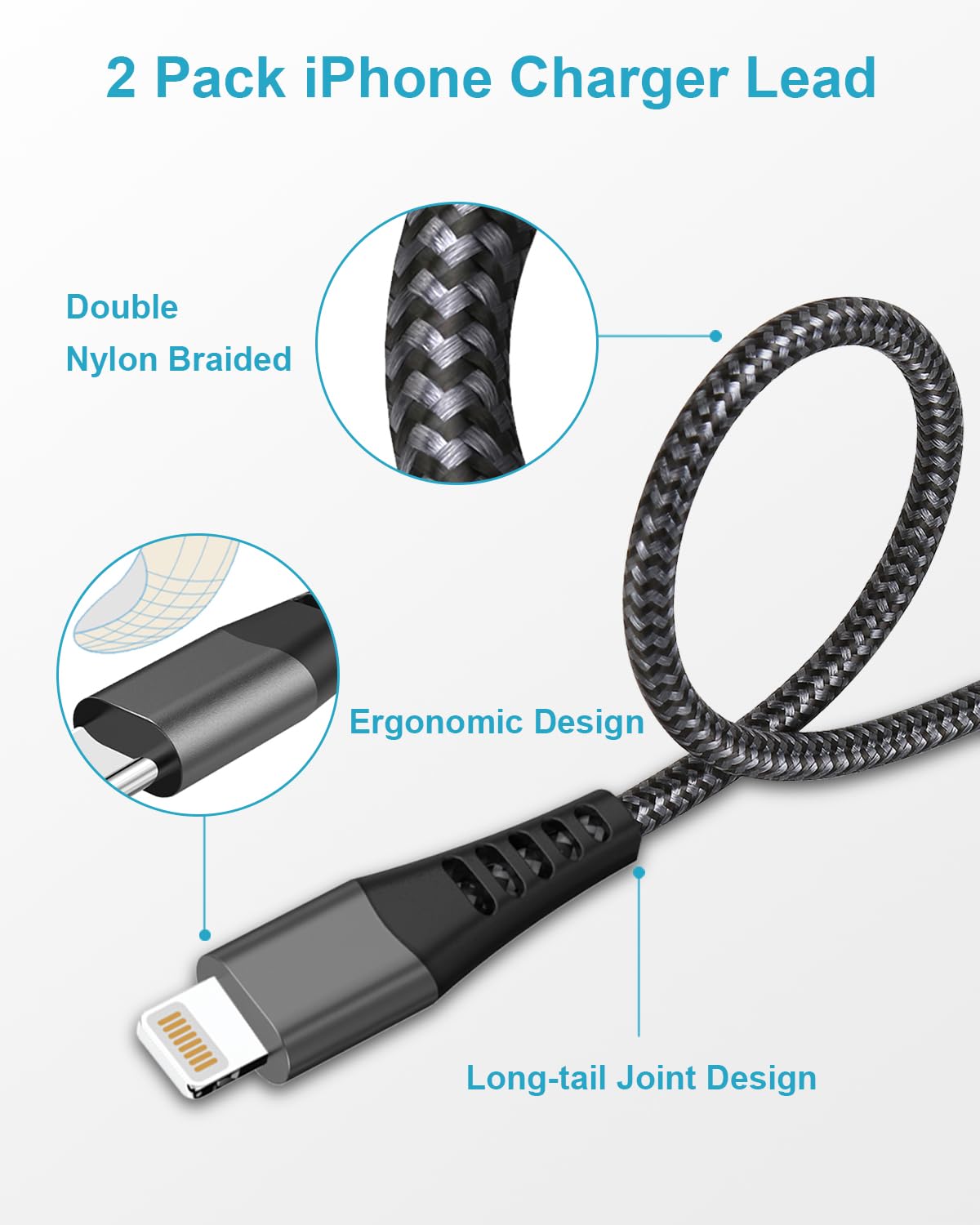 Detalle de AINPOW iPhone Charger Cable 1M 2Pack