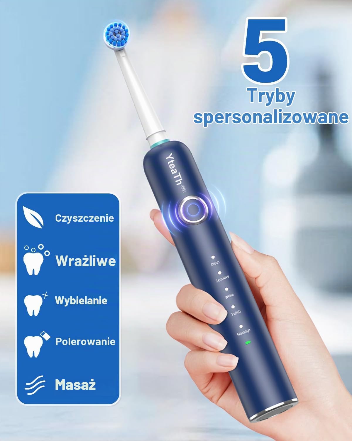 Detalle de YTEATH PRO obrotowa szczoteczka do zębów, 5 trybów, 8 końcówek i etui