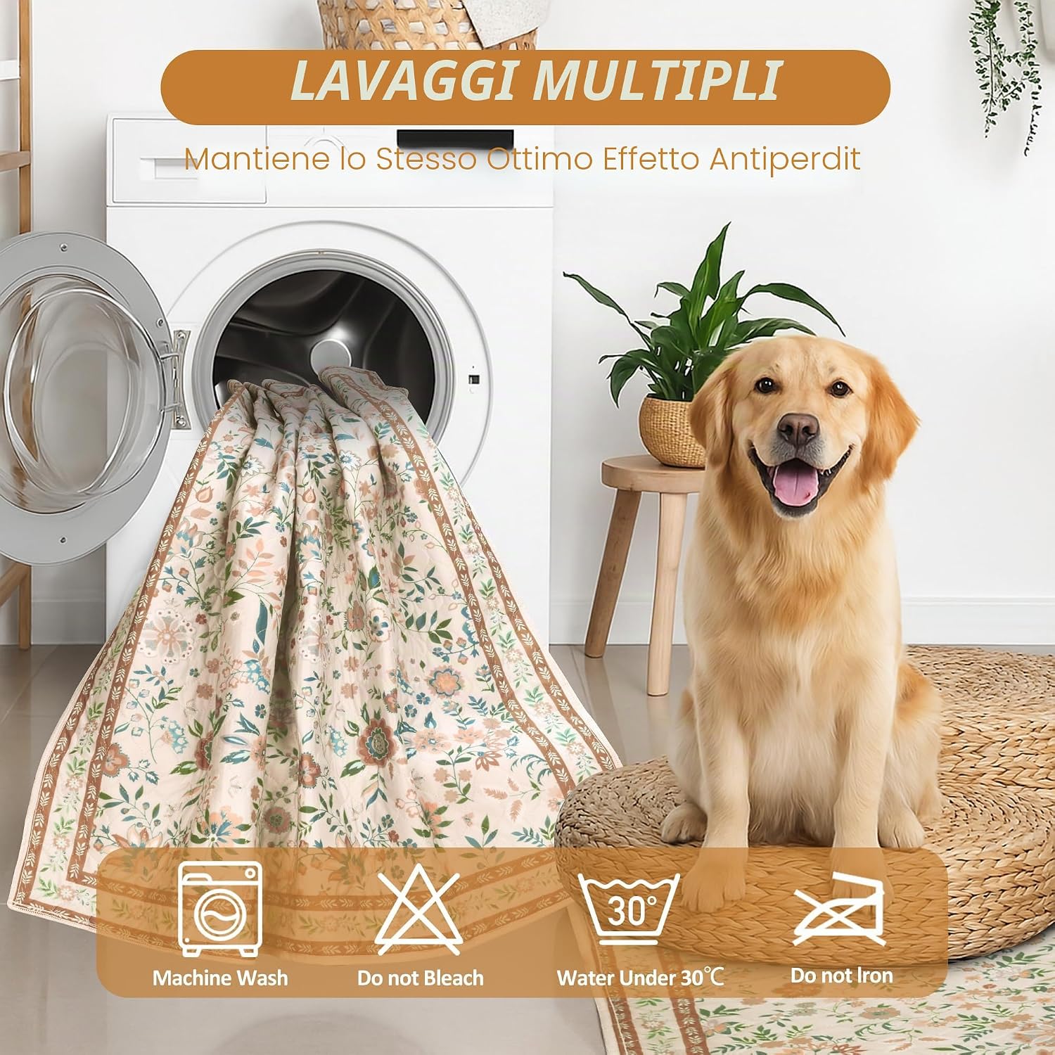 Detalle de BaoDan Traversine Lavabili per Cani 2 Pezzi 122x122 cm – Tappetini igienici riutilizzabili con fondo antiscivolo, stampa floreale marrone
