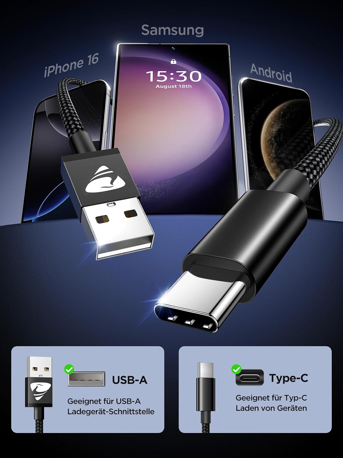 Thumbnail 1 de USB C Kabel 2m 3.1A Schnellladekabel