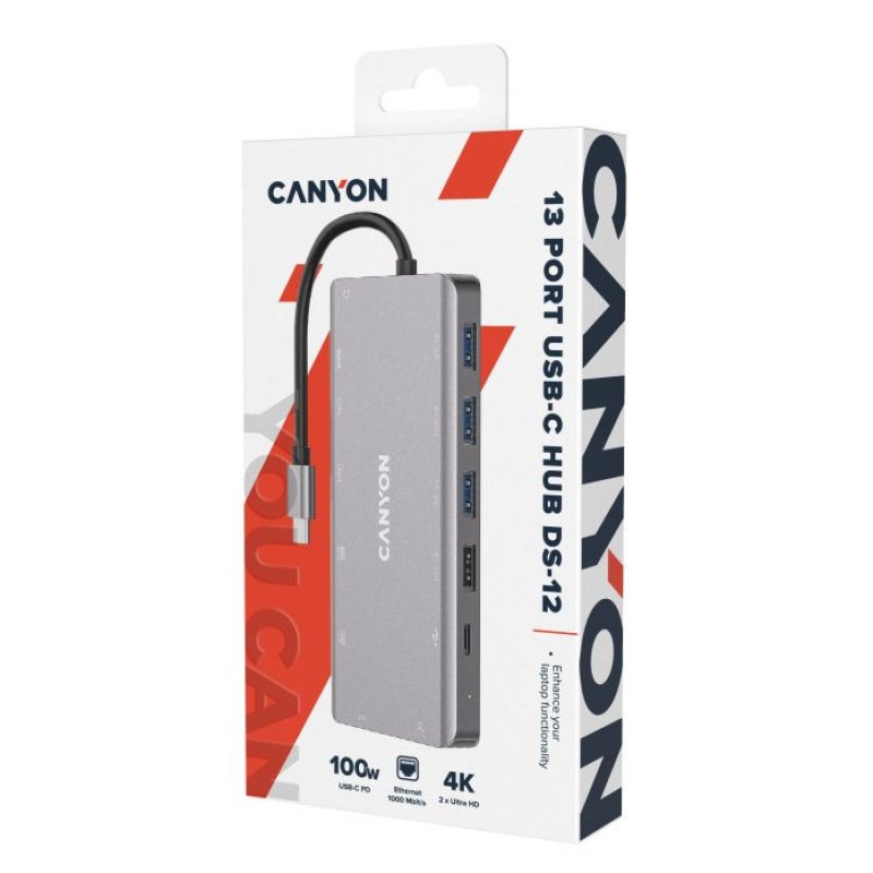 Detalle 2 de Canyon DS-12 Docking Station USB-C 13 en 1 (Gris) – Rendimiento y expansión para tu equipo