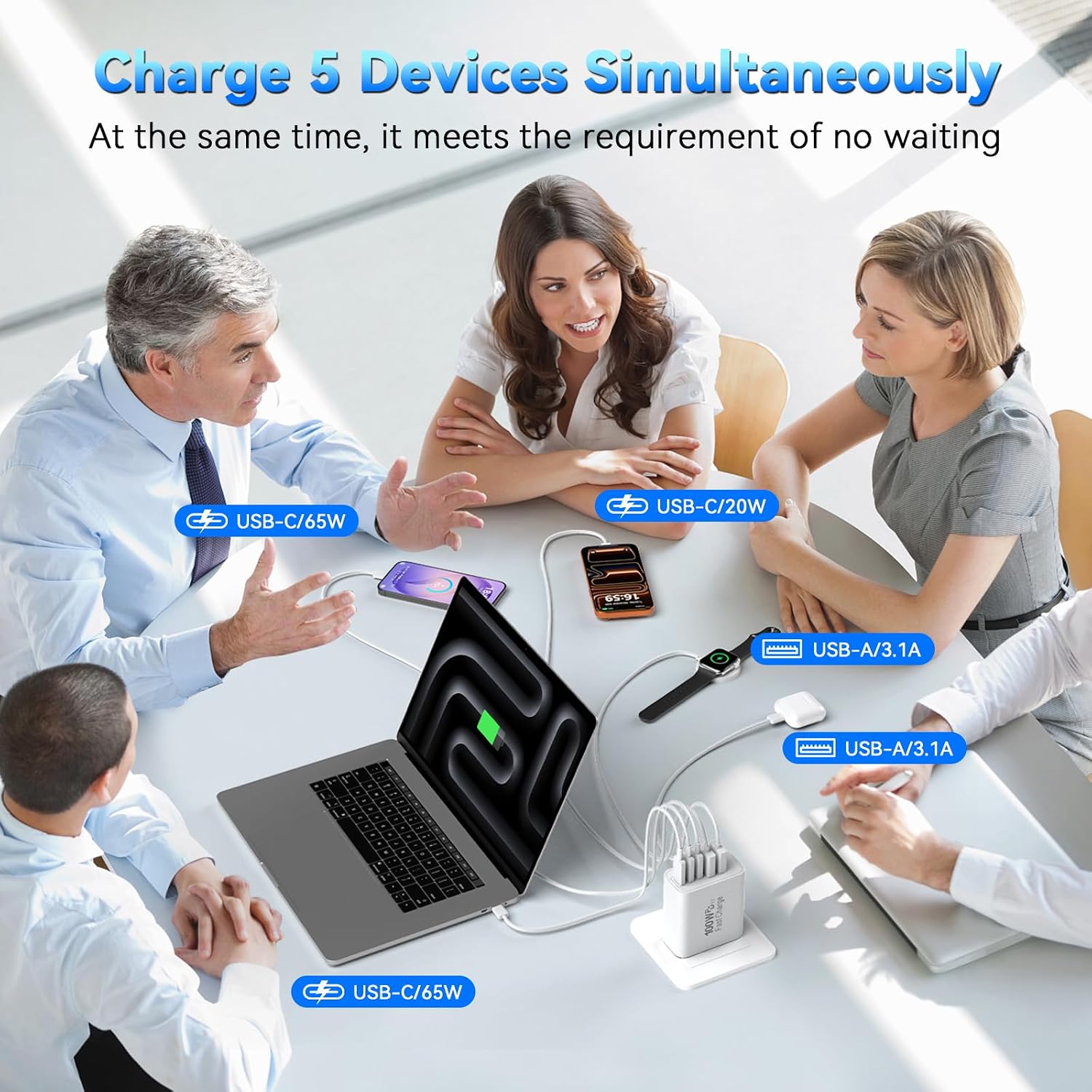 Detalle de USB C Charging Blocks 100W 5-Port Wall Charger with 3 USB-C and 2 USB-A Ports