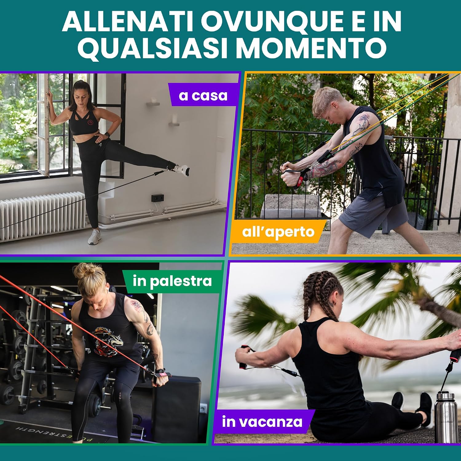 Thumbnail 6 de Set di fasce di resistenza + piano allenamenti – Kit elastici con 5 bande in lattice, maniglie, cinghie per caviglie, ancoraggio e borsa