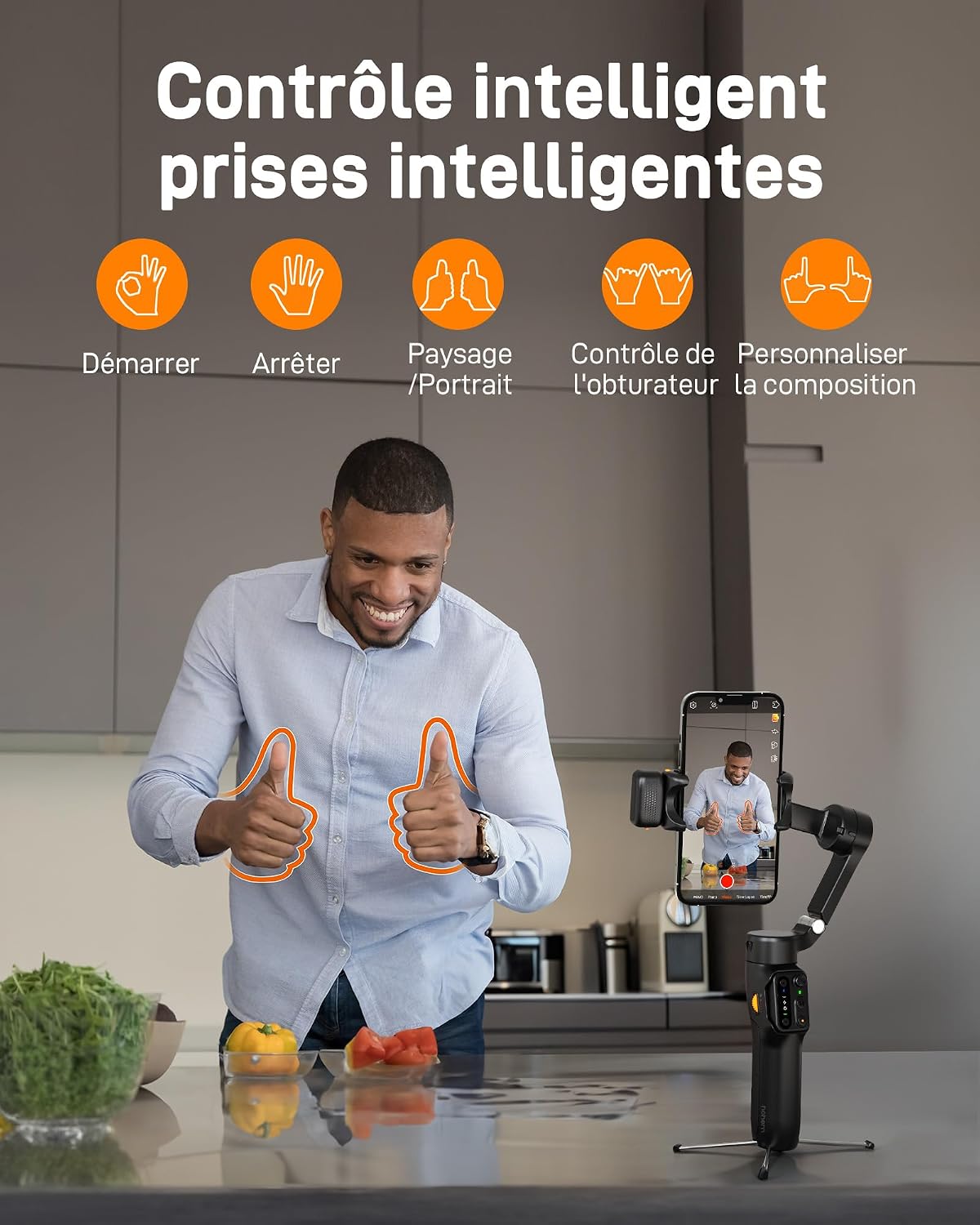 Detalle de Hohem iSteady V3 : stabilisateur smartphone 3 axes avec tracker AI magnétique et trépied intégré