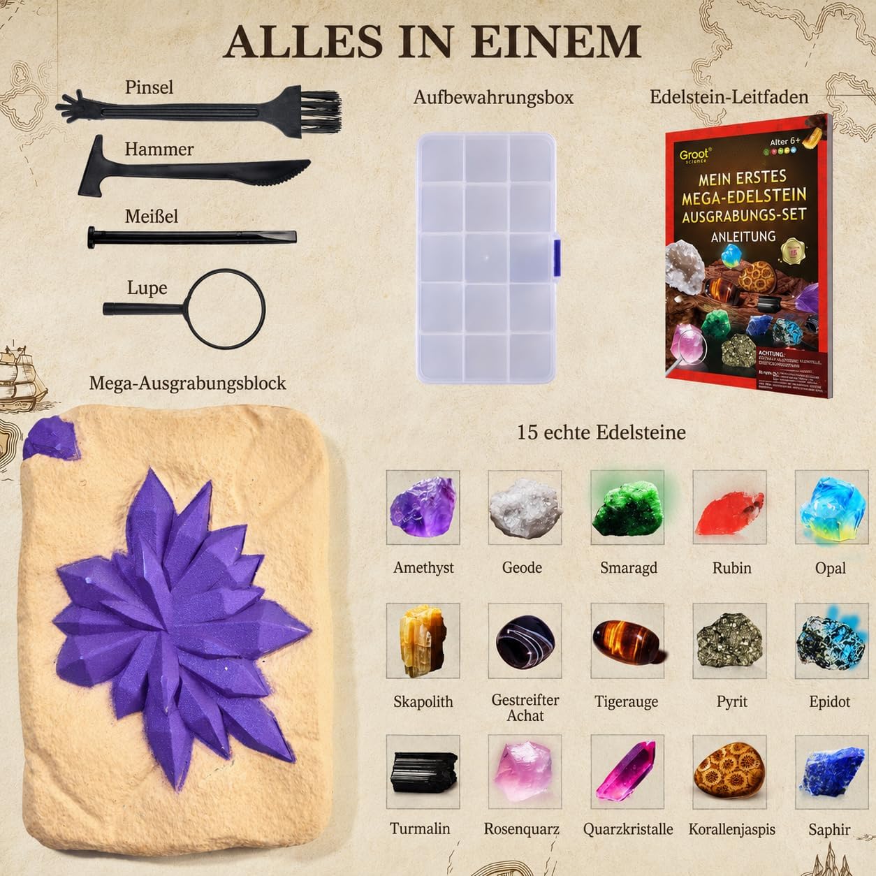 Detalle de Greek Science „Mein erstes Mega“ Ausgrabungsset mit 15 echten Kristallen & Edelsteinen für Kinder