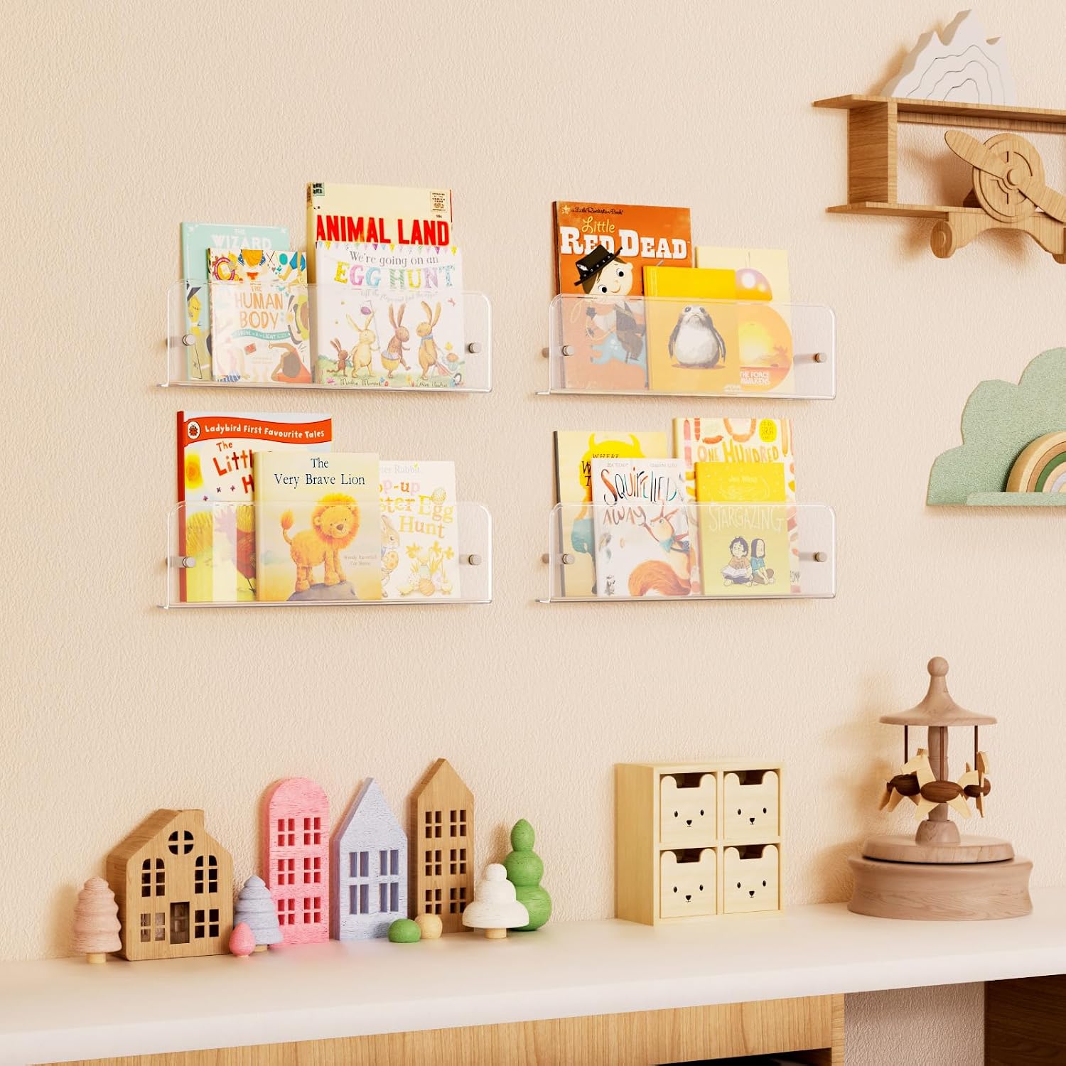 Detalle de Lifewit 24073 kinderboekenplank, set van 4 transparante acryl wandplanken