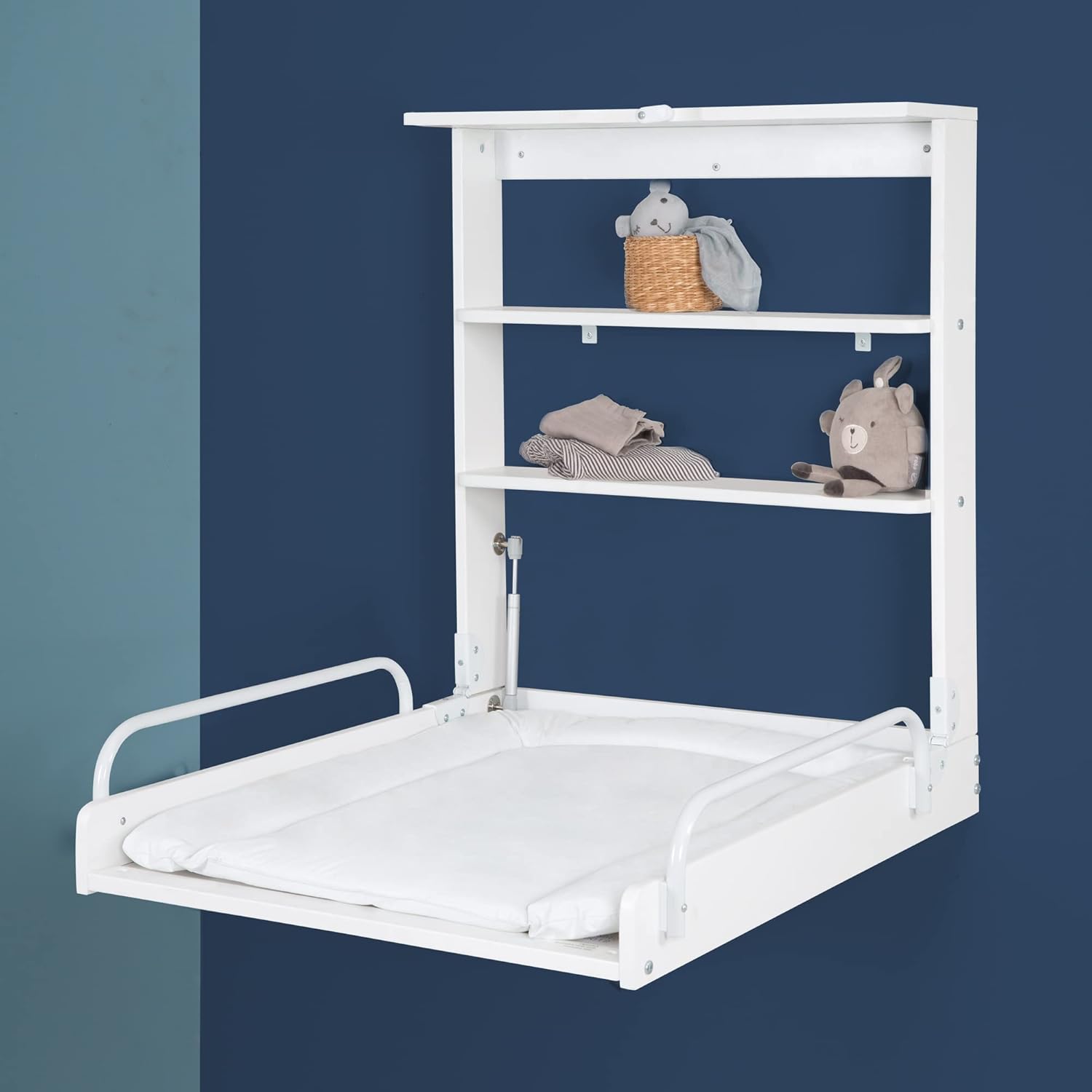 Detalle de roba Table à Langer Murale Pliante en Bois Laqué Blanc avec Matelas de Change – 2 Étagères, 15 kg